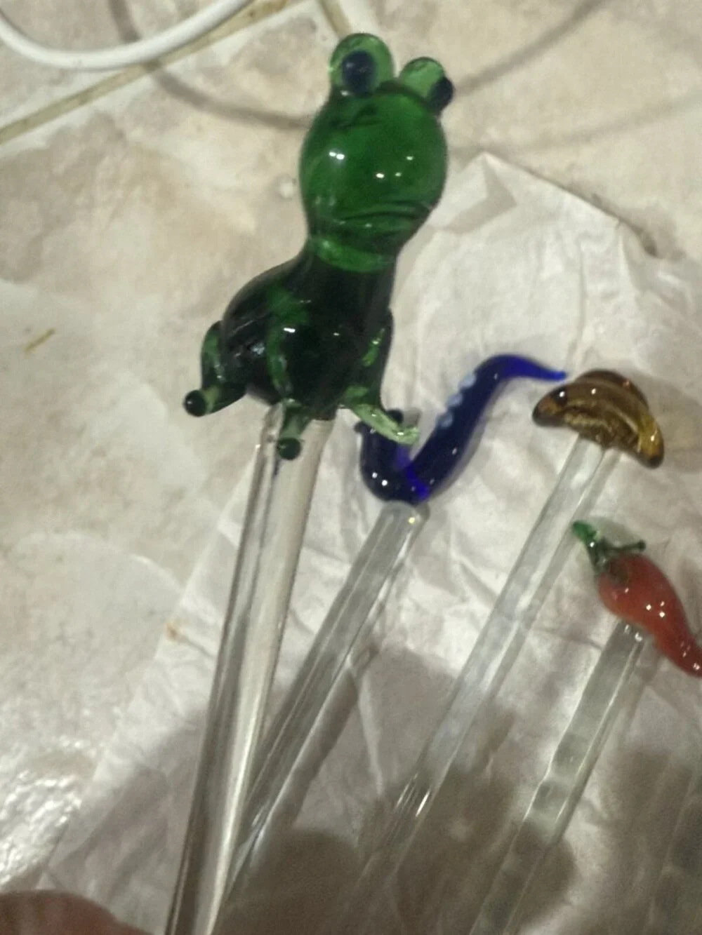 Set of 8 Vintage GLASS Cocktail Stir Sticks Barware SWIZZLE STICKS-frog Parrot..